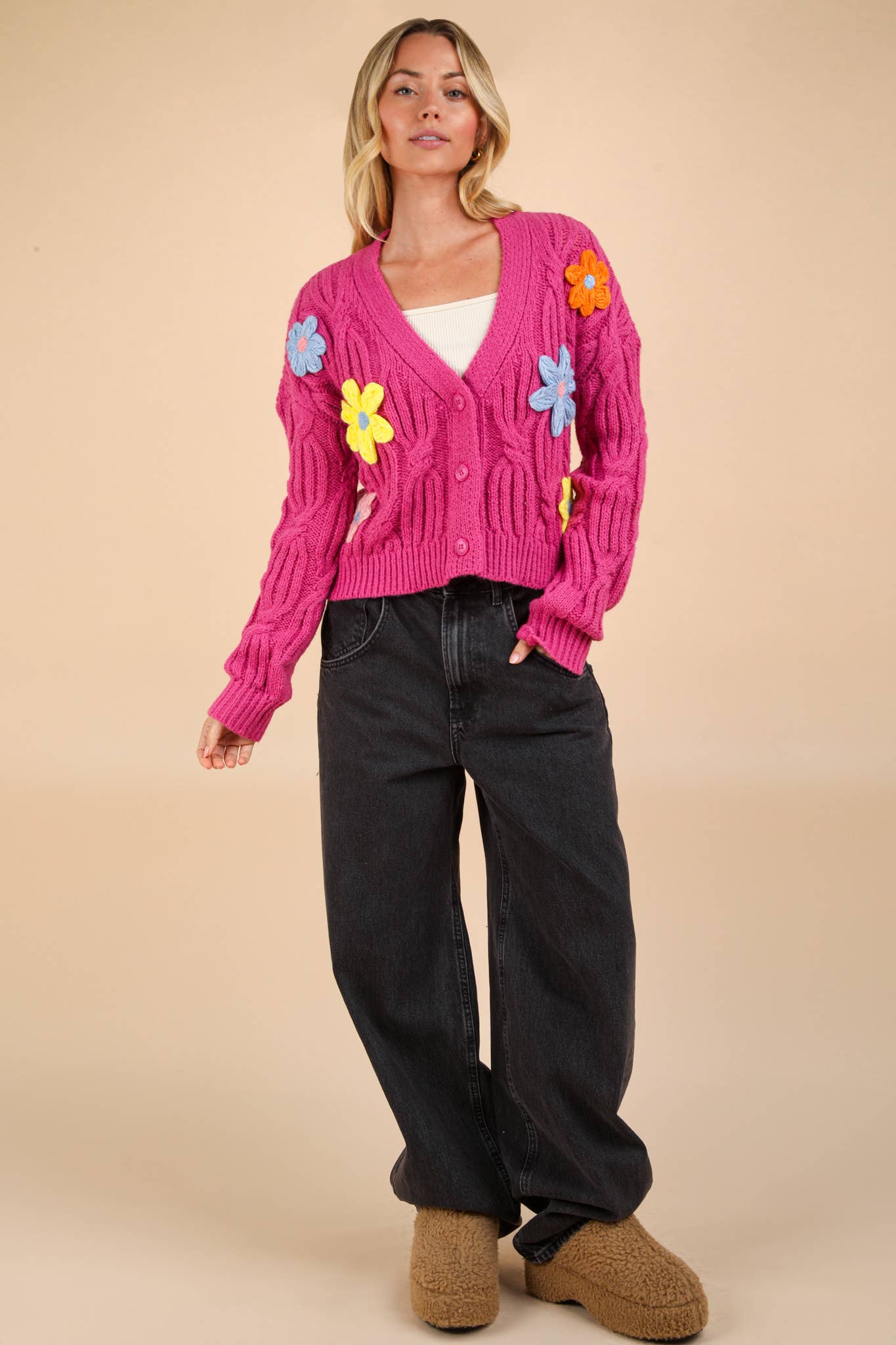 Hand-Made Flower Applique Knit Sweater Cardigan