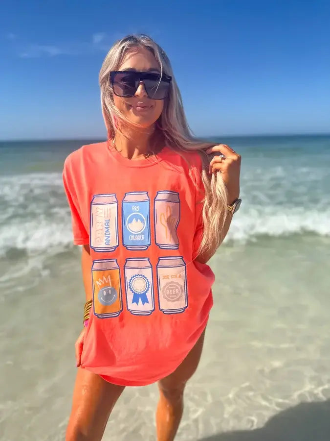 Preppy Beer Can Neon Red Orange Graphic Tee