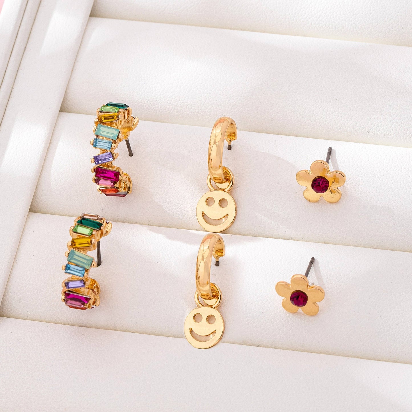 Rainbow Crystal, Smiley, and Floral Trio Earrings