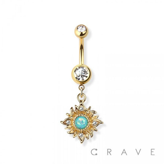OPAL CENTERED FLAMING DANGLE 316L SURGICAL STEEL NAVEL RING