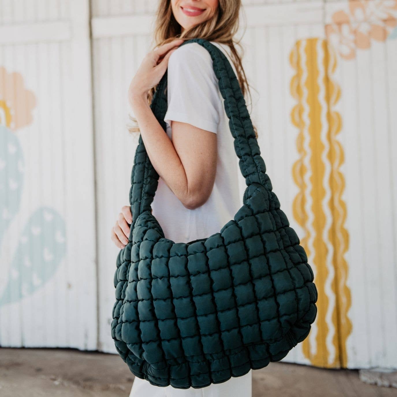 Forest Green Oversized Quilted Hobo Tote Bag