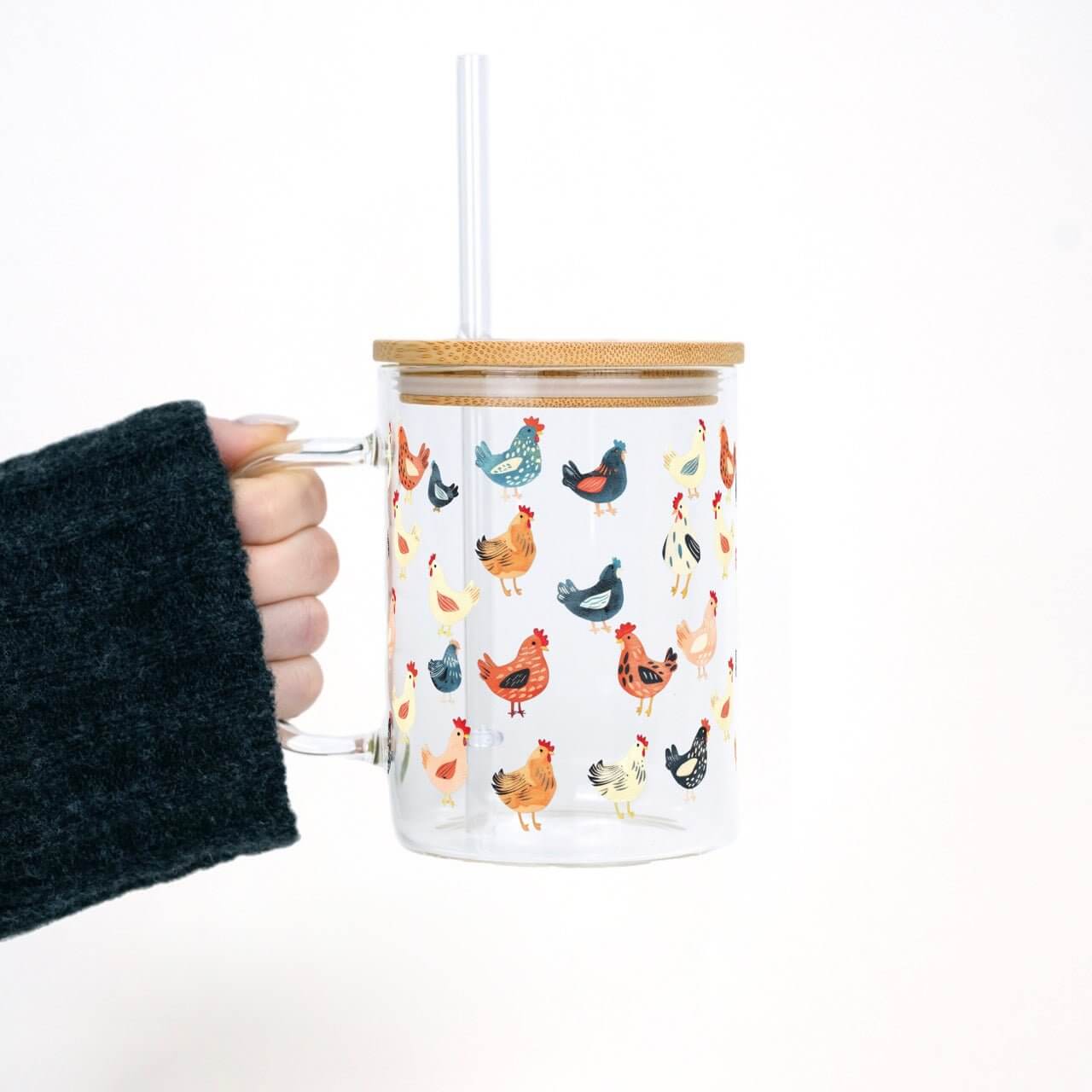 Chicken Lover 17oz Glass Mug With Lid and Straw