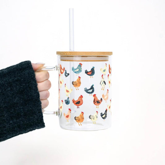 Chicken Lover 17oz Glass Mug With Lid and Straw