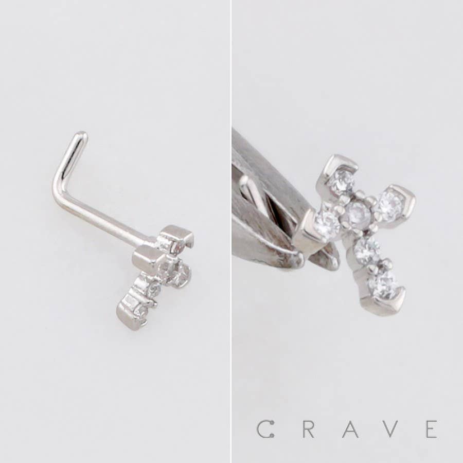 MULTI CZ CROSS CRUCIFIX 316L SURGICAL STEEL L-SHAPE NOSE RIN