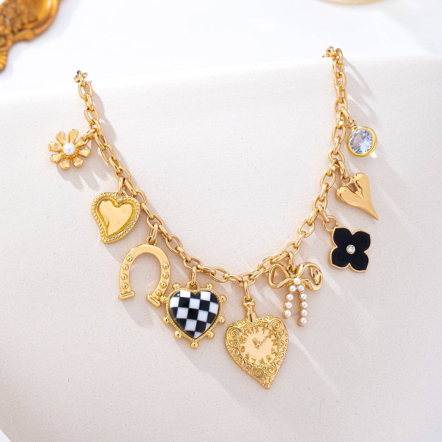 Checkered HeartPearl Bow Multi-Charm Link Necklace
