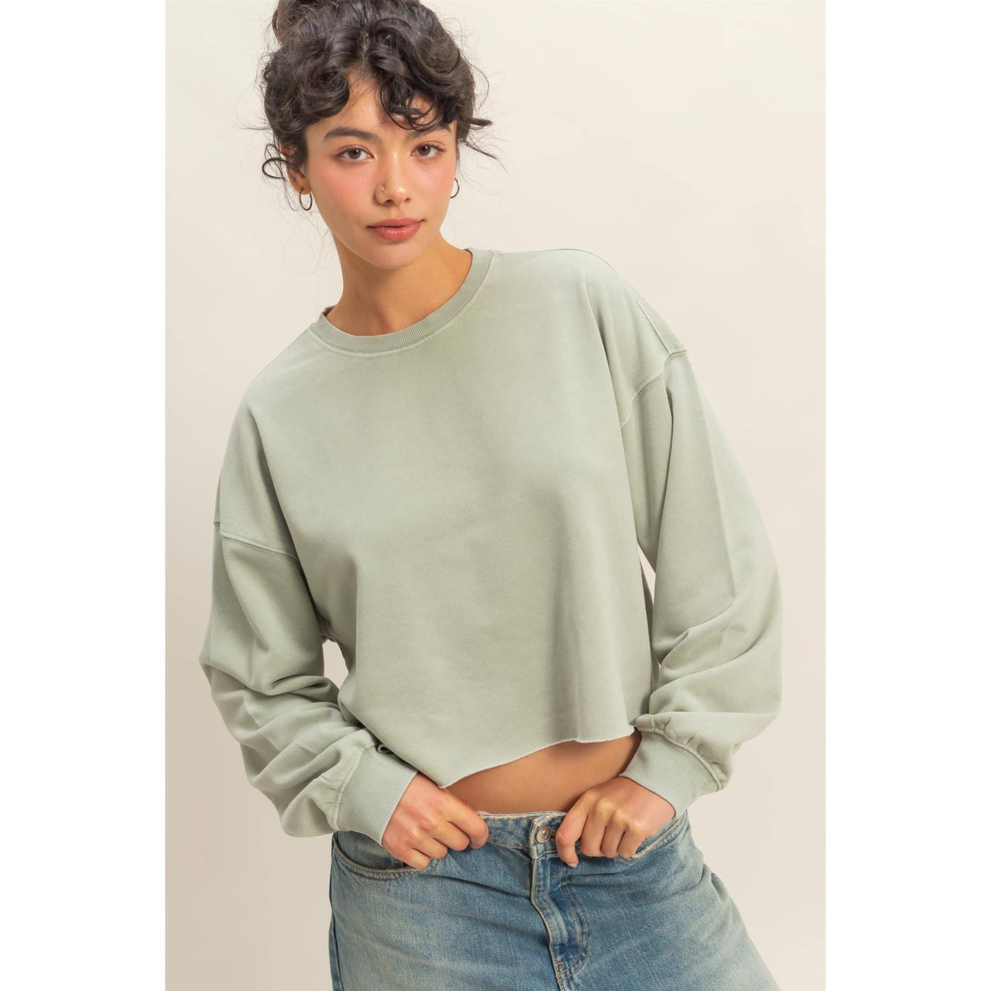 Cropped Crewneck Sweatshirt With Oversized Sleeves