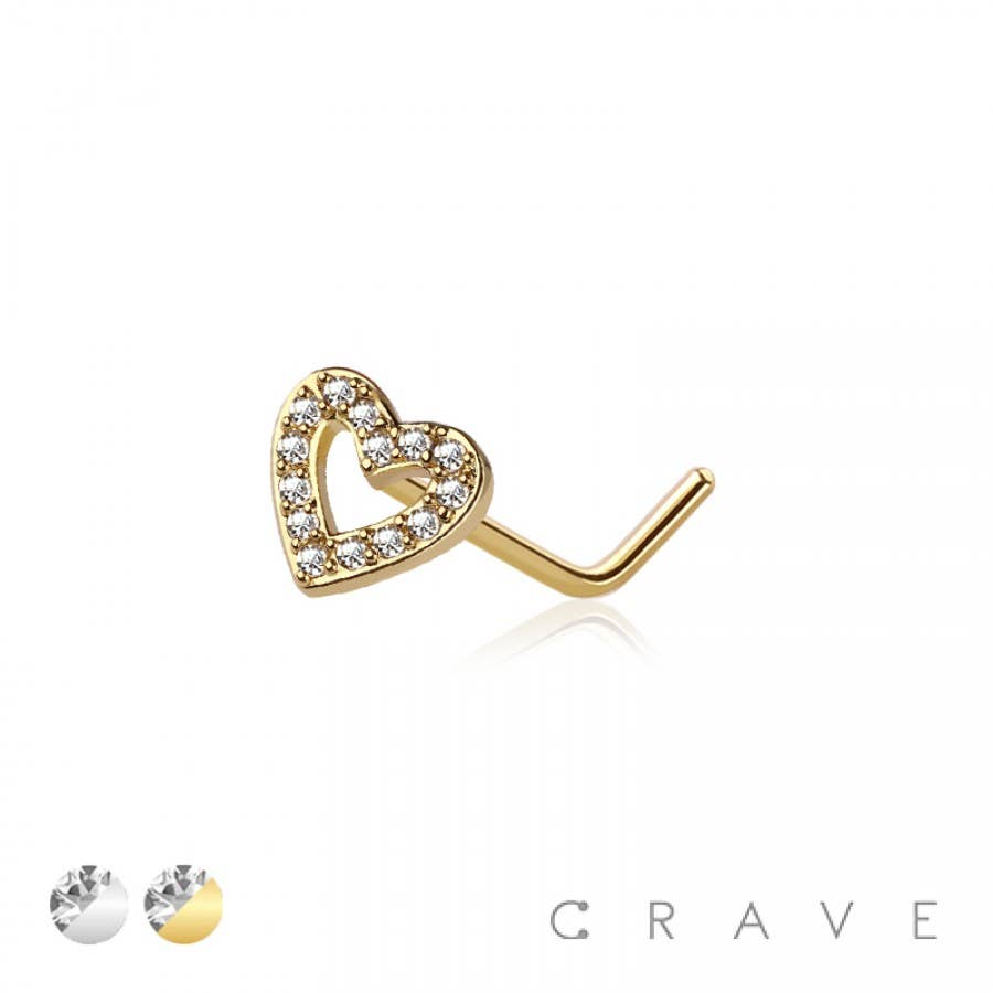 CZ PAVED HEART 316L SURGICAL STEEL L-SHAPE NOSE STUD