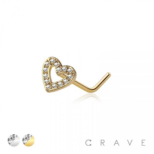 CZ PAVED HEART 316L SURGICAL STEEL L-SHAPE NOSE STUD