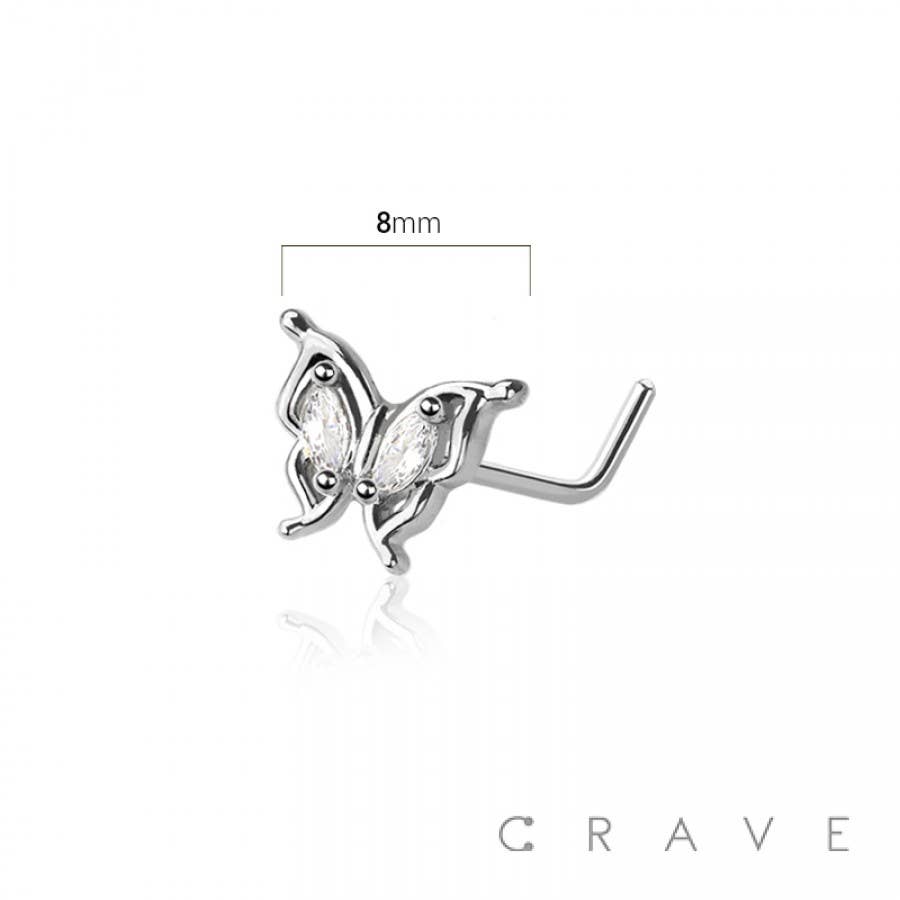 CZ PAVED GEM BUTTERFLY 316L SURGICAL STEEL L-SHAPE NOSE STUD