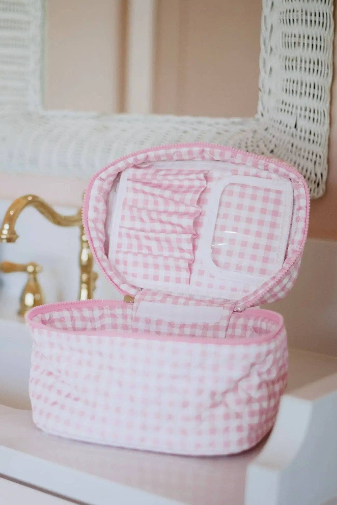 Light Pink Plaid Cosmetic Bag for Makeup