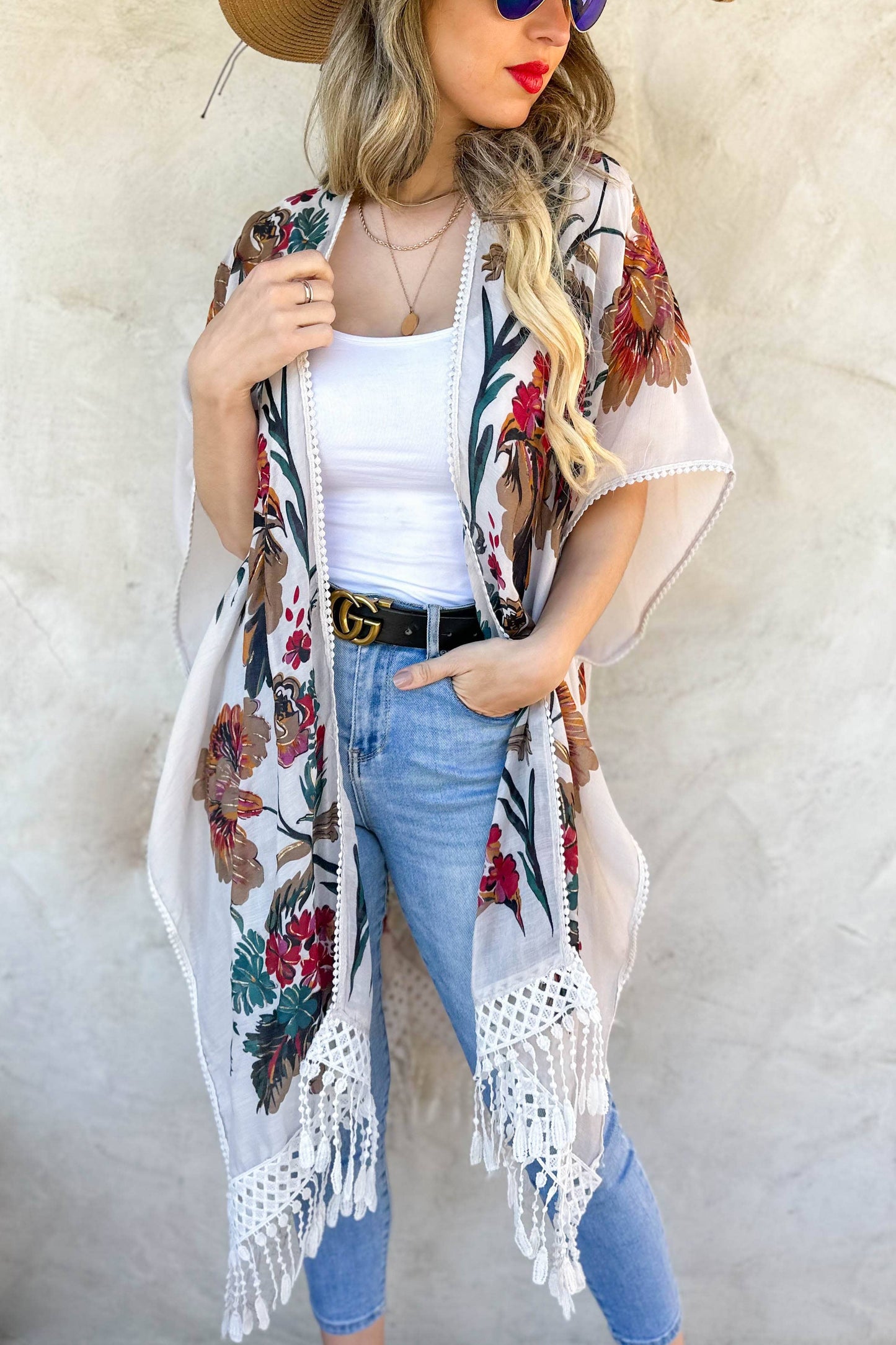 White Floral Print Lace Detail Tassel Bottom Kimono Cardigan