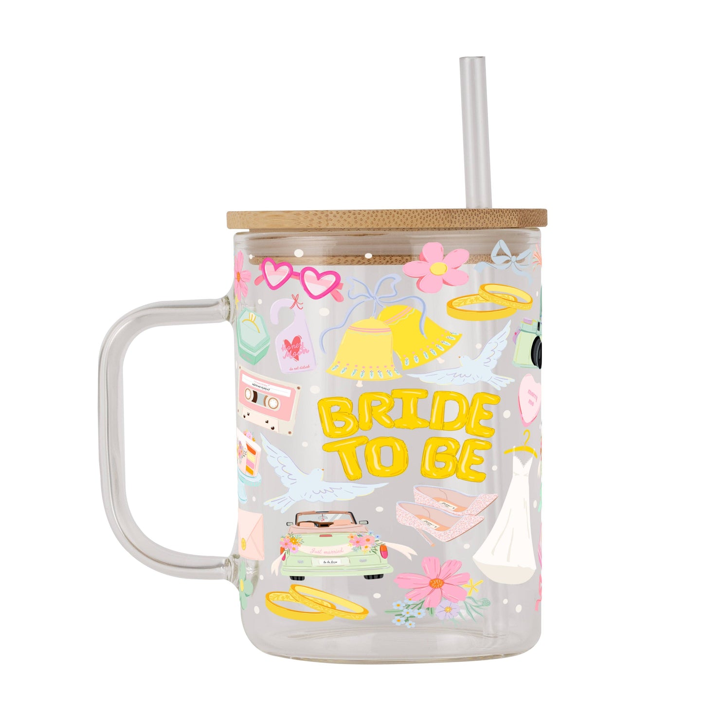 Bride To Be Clear Glass Mug With Lid & Straw