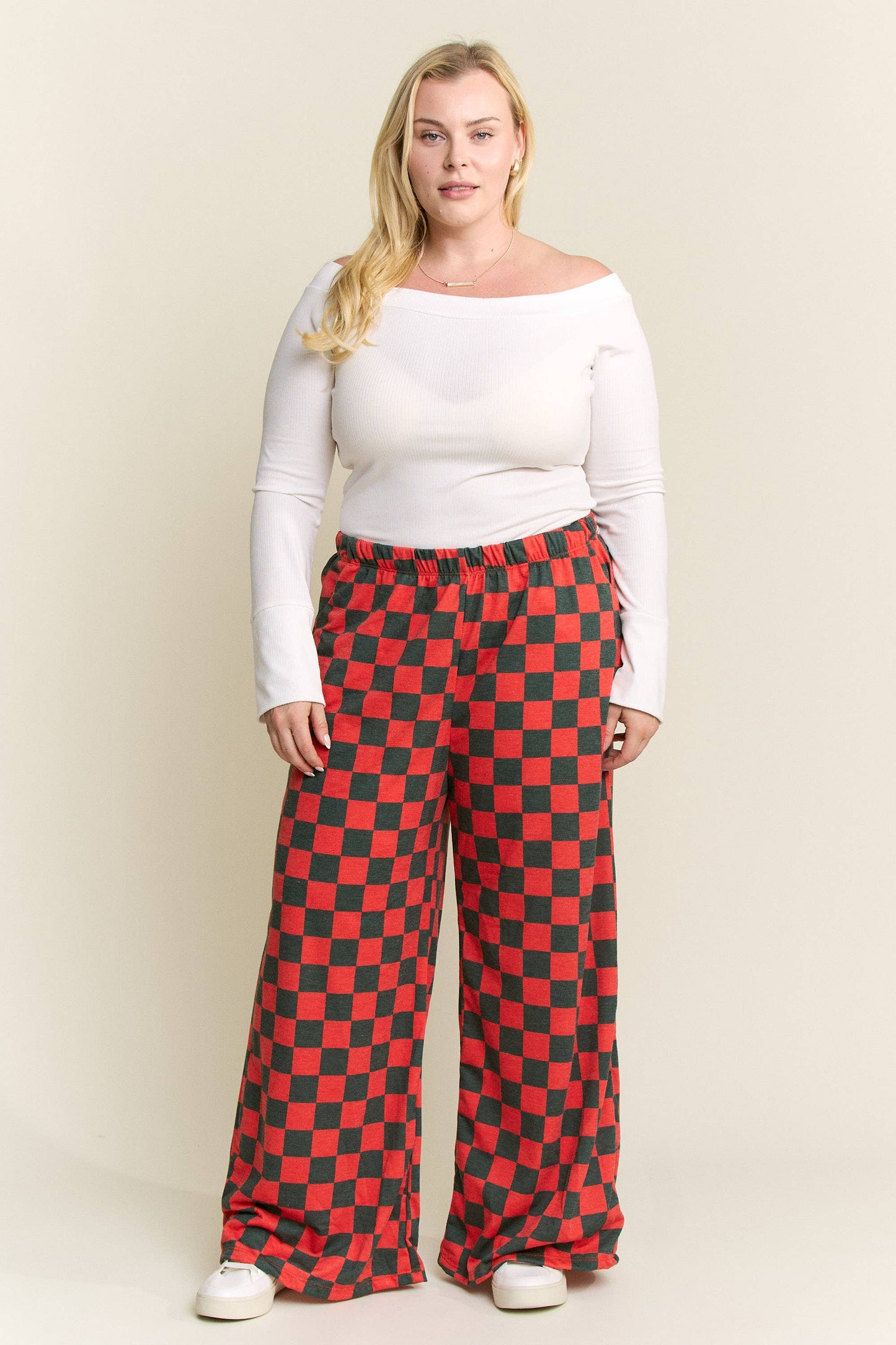 HIGH WAIST CHECKERED STRAIGHT LEG KNIT PANTS